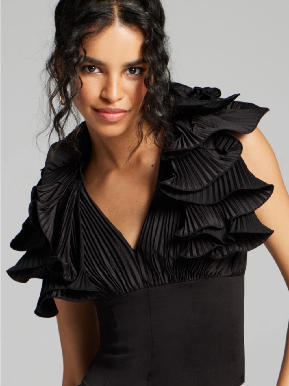 Black Pleated Ruffle Sleeve V-Neck Top